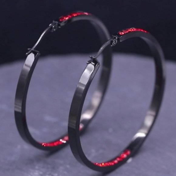 Black Metal Bright Red Crystal Channel Hoops Rhinestone Hoop Earrings Sparkling - Picture 3 of 6